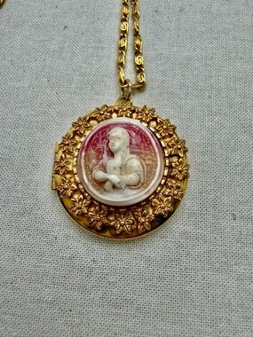 Vintage Gold  Cameo Locket Necklace - Pink and Ivory